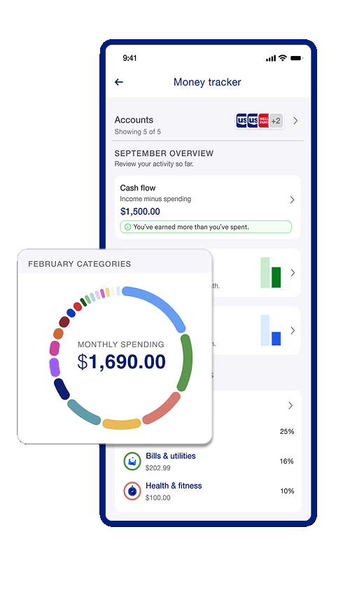 Money tracker view on a smartphone for a bank account