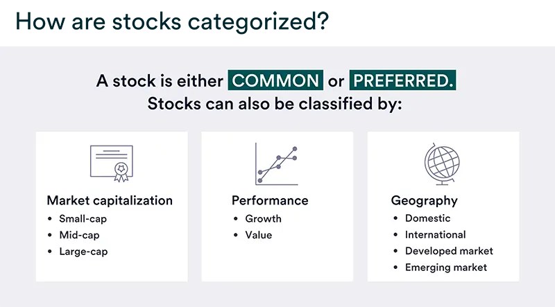Visual highlighting how stocks are categorized, as common or preferred, and classified by market cap, performance and geography.