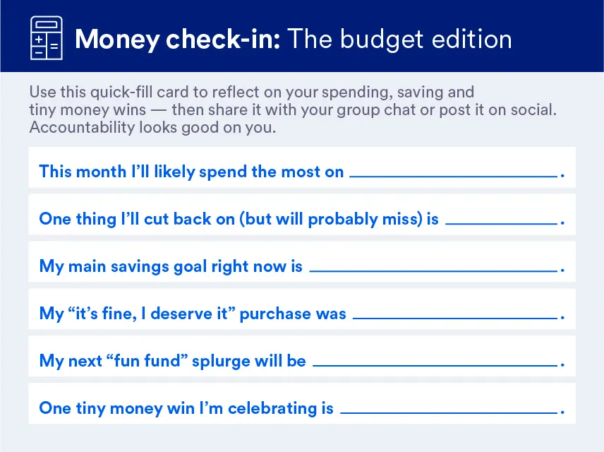A budgeting template with prompts to reflect on spending and saving goals.