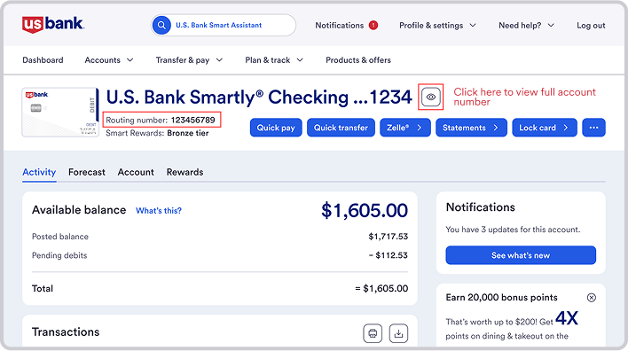 U.S. Bank Routing number and account number in online banking