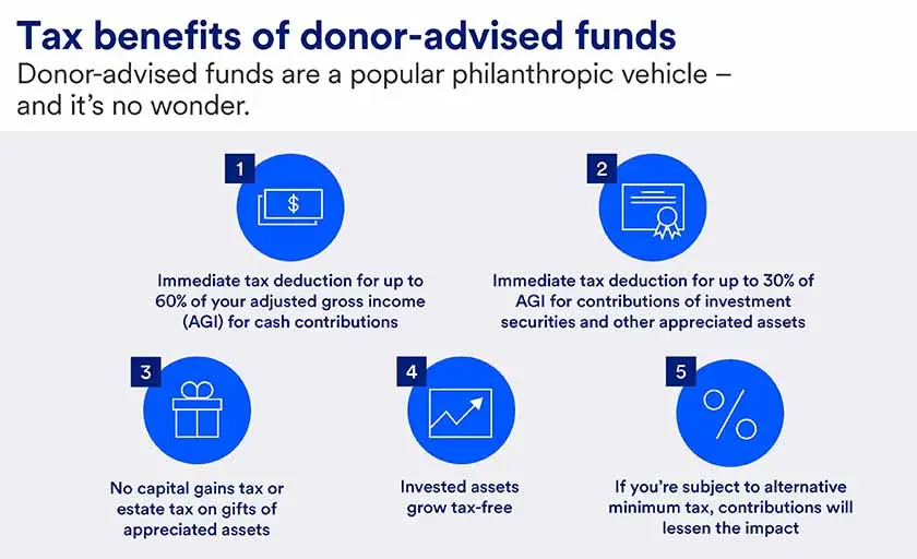 Visual depicting the tax benefits and considerations of donor-advised funds.