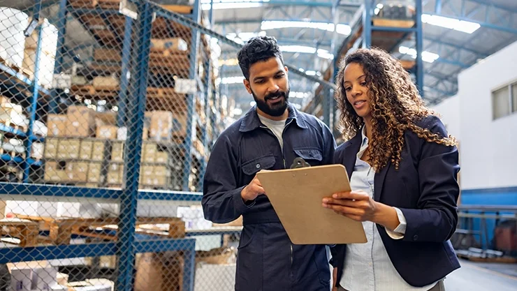Two business professionals looking at clipboard