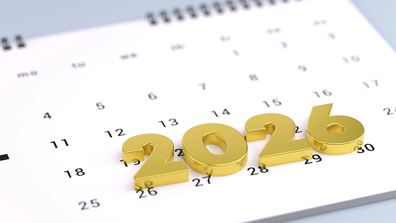 Calendar showing 2026 in large text