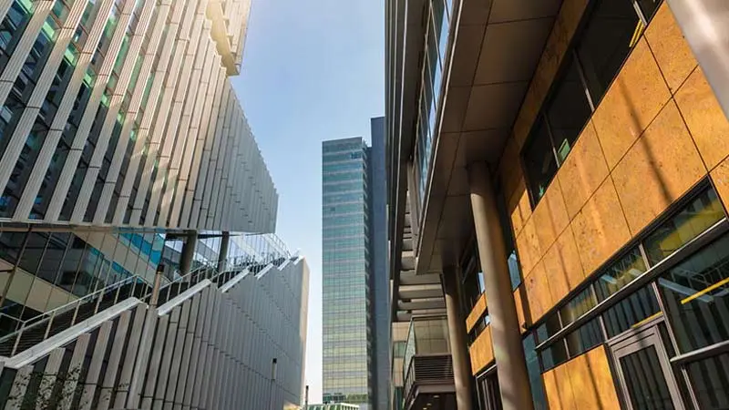 Outside view of skyscrapers in a major city