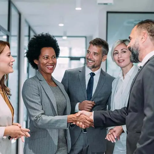 Group of corporate colleagues greeting each other in an office