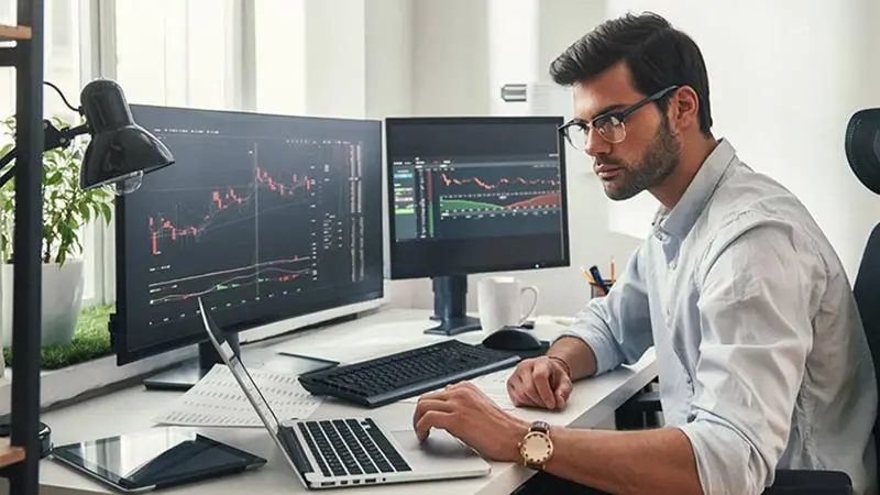 Nab at a desk with three computer monitors as he scans for currency market changes