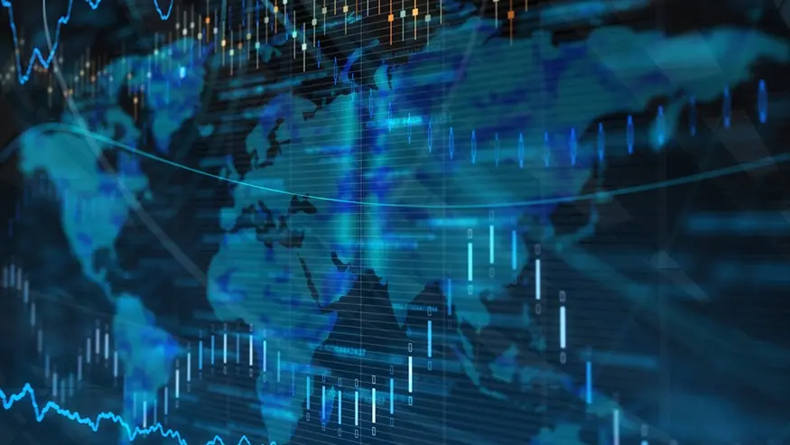 Map of the world showing the continents with line graphs on top to indicate world economy insights 