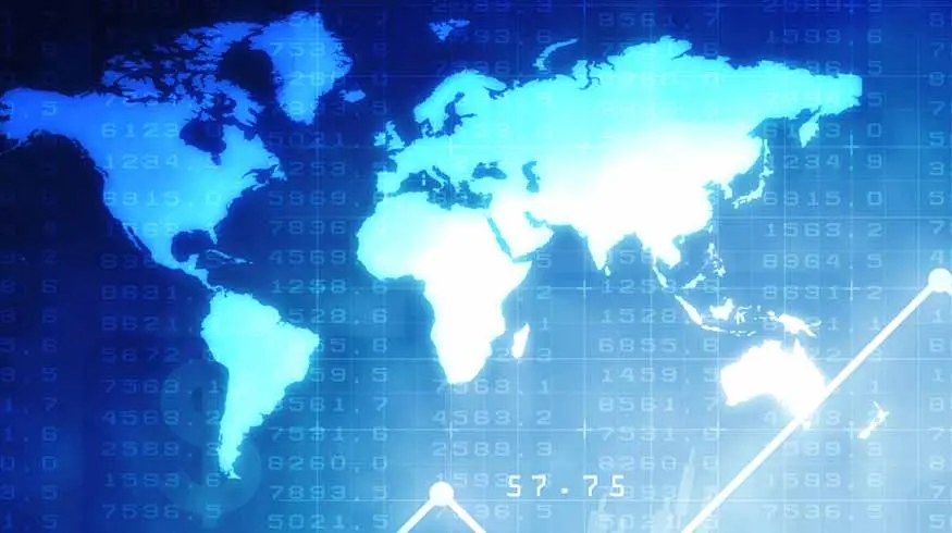 Illustration showing all the continents on Earth, with an arrow going upwards from left to right to signify global markets.
