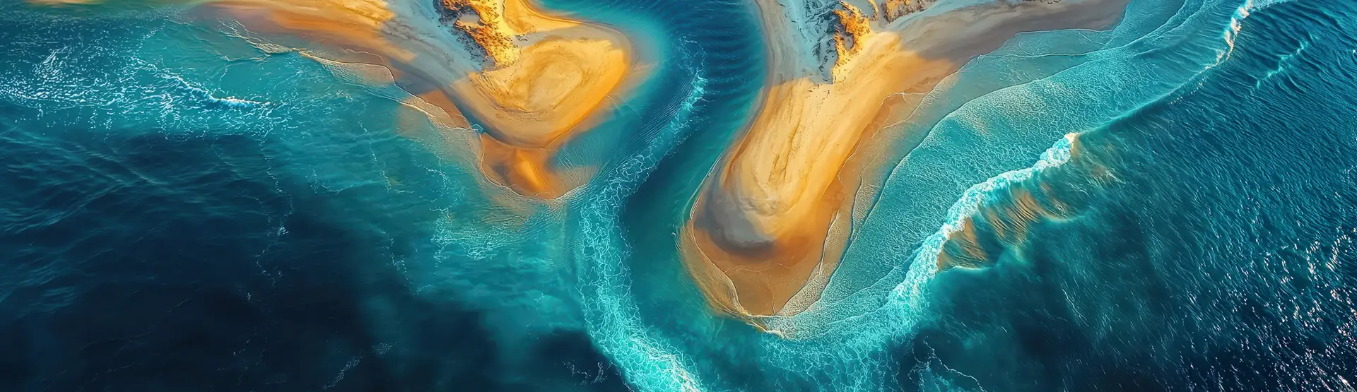 Aerial view of a dramatic shoreline with a sand bar jutting into the ocean