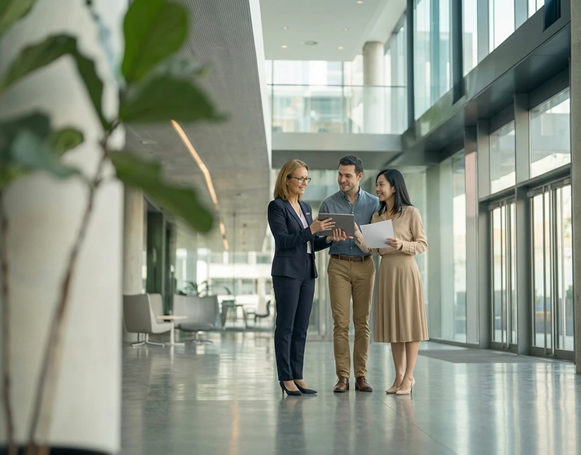 Three people, two woman and a man, in professional clothes standing in a large atrium discussing finances