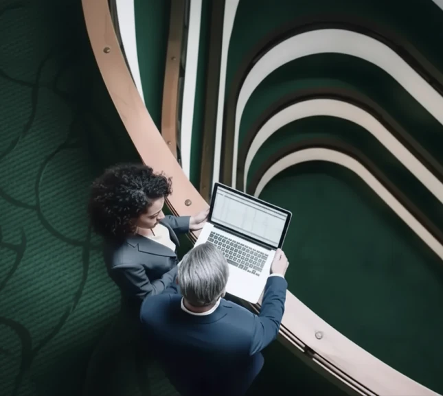 Aerial view of a man an woman wearing suits and standing together looking at a laptop screen