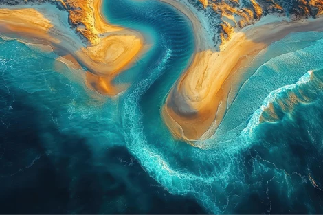 Overhead view of a coastline with a sandbar jutting into the water