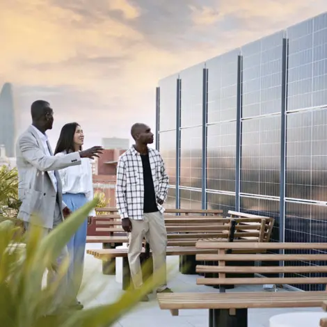 People looking at solar panels