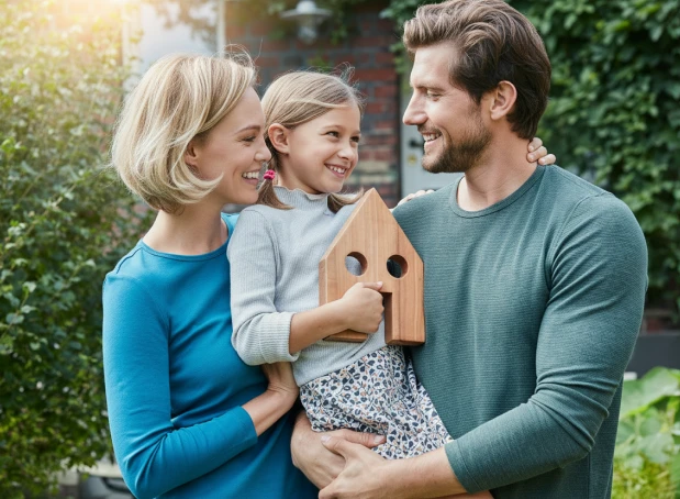 Young couple with a child standing outside their home