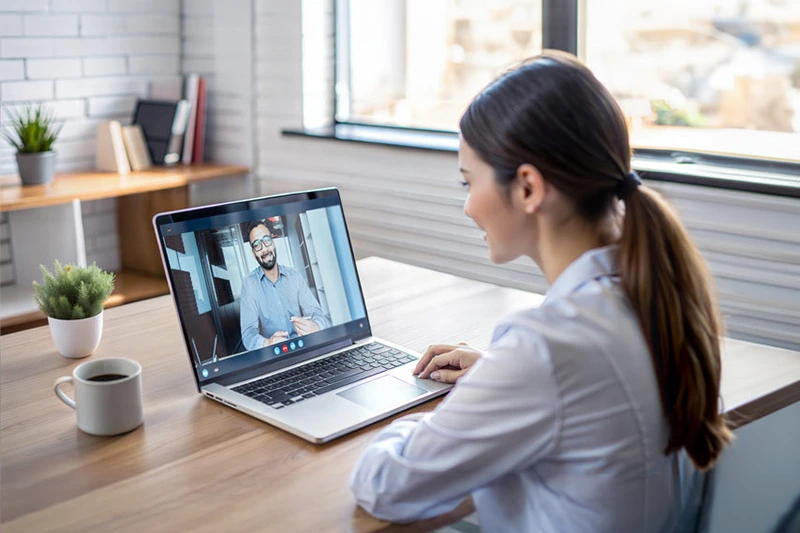 Young woman having an online meeting with her advisor via her laptop 